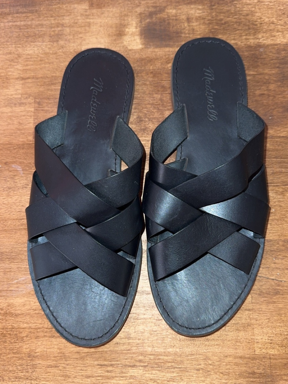 Madewell Black Leather Crossband Slide Sandals